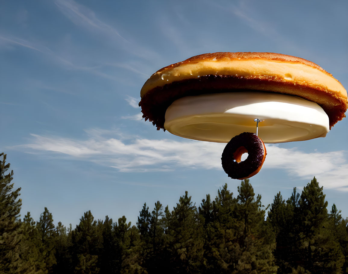 Whimsical UFO Sandwich with Donut in Blue Sky