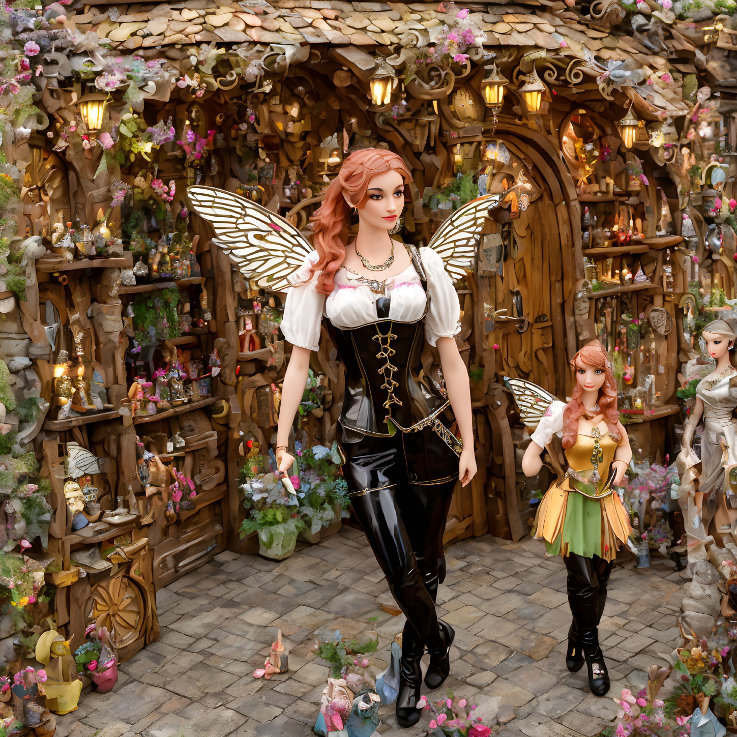 Red-haired fairy doll with translucent wings in front of wooden house