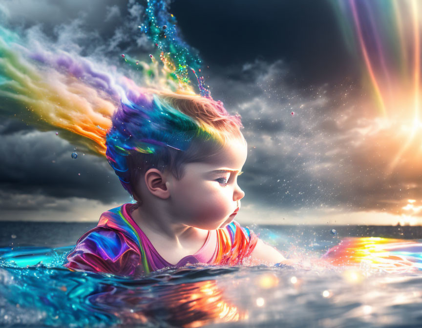 Child with Rainbow-Colored Hair Swimming in Magical Sunset Scene