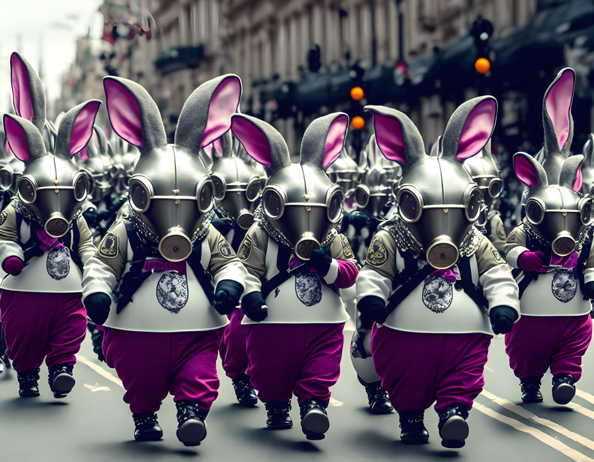 Surreal parade of figures in purple pants and silver rabbit heads with goggles