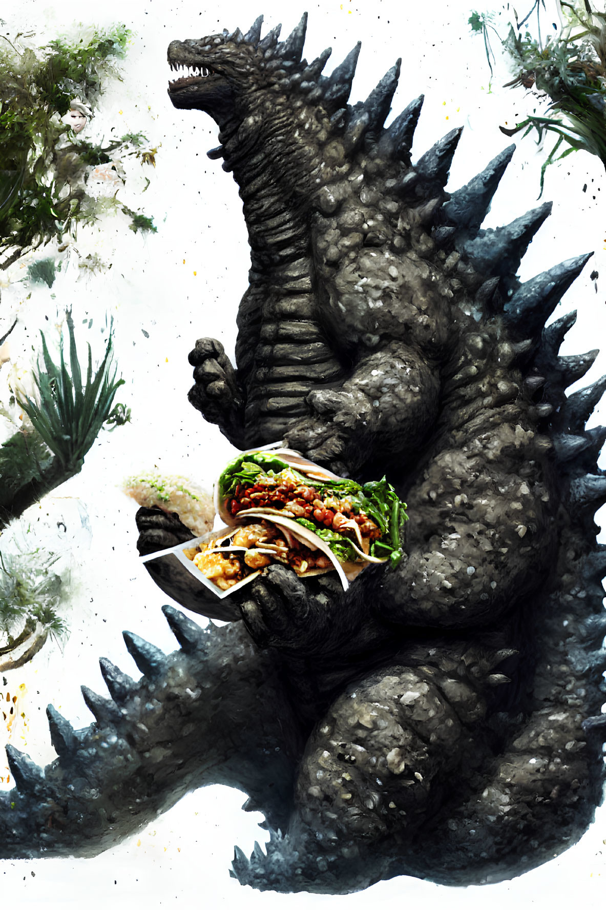 Godzilla holding a taco in playful illustration