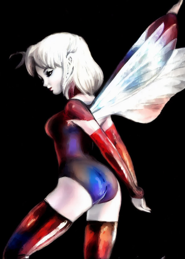 Female Figure with Butterfly Wings in Red and Blue Bodysuit on Dark Background