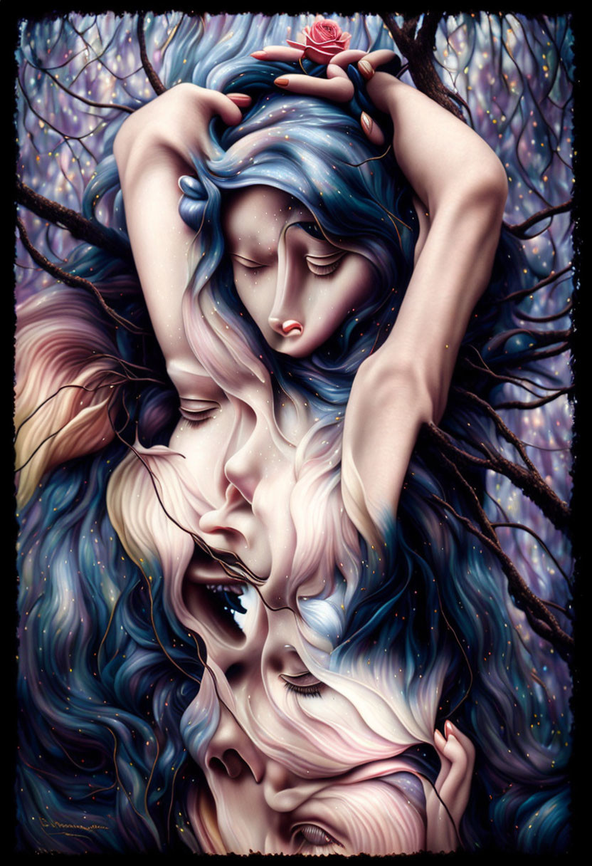 Surreal artwork of entwined figures with flowing hair in purple-hued forest