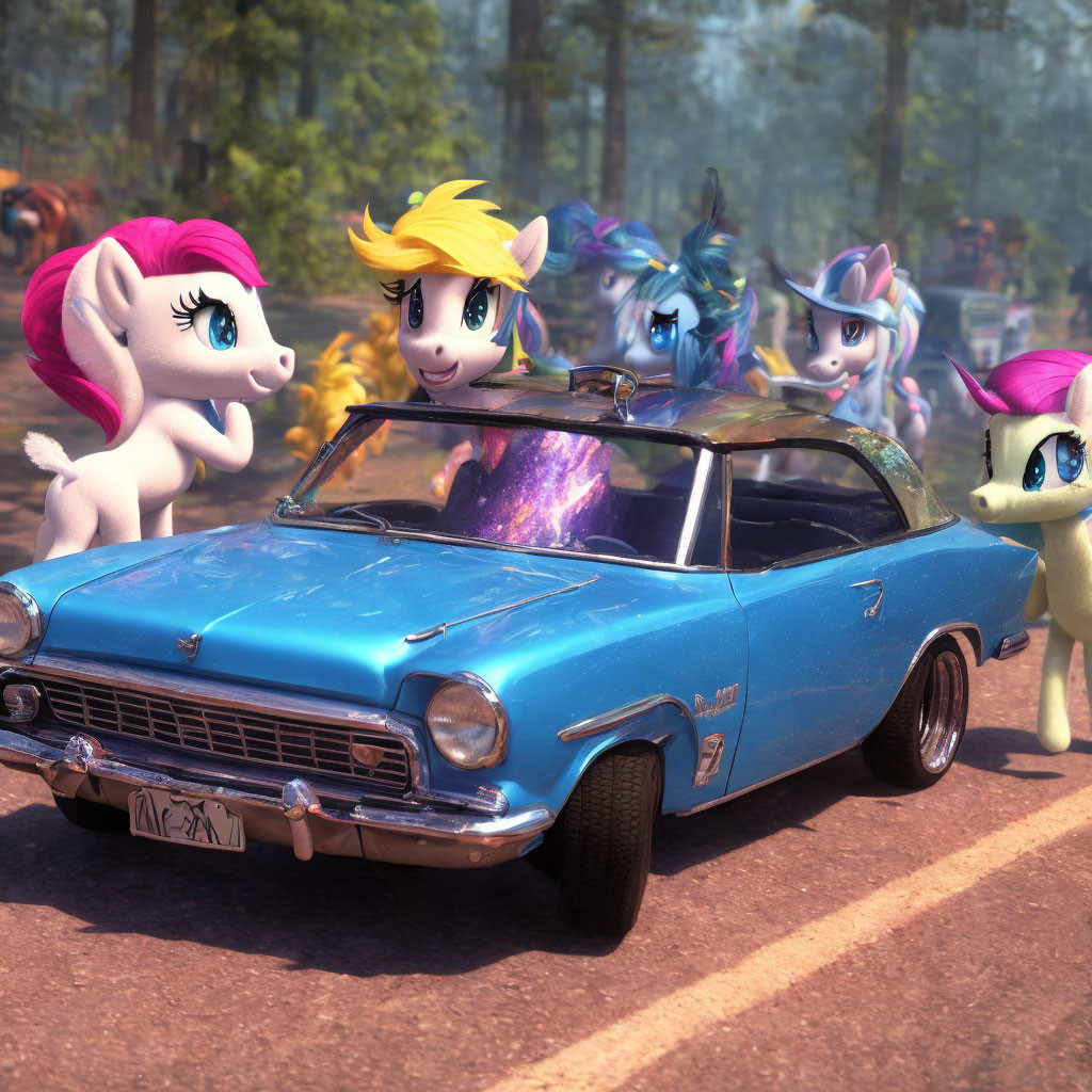 Realistic setting with animated ponies near old blue car