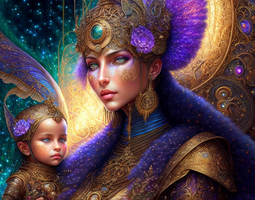 Fantasy illustration of woman and child in cosmic-themed attire