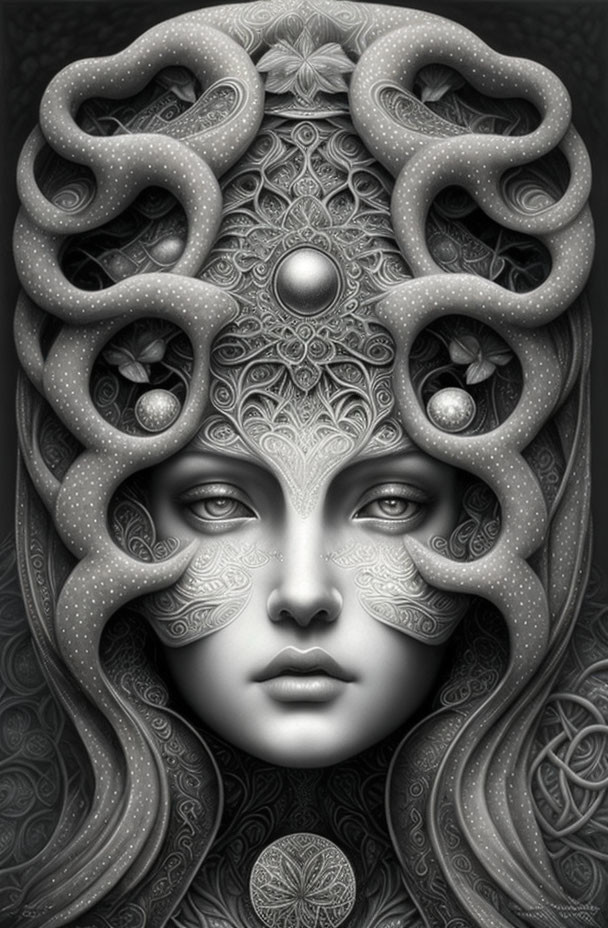 Monochromatic artwork of woman's face with intricate patterns and symbols