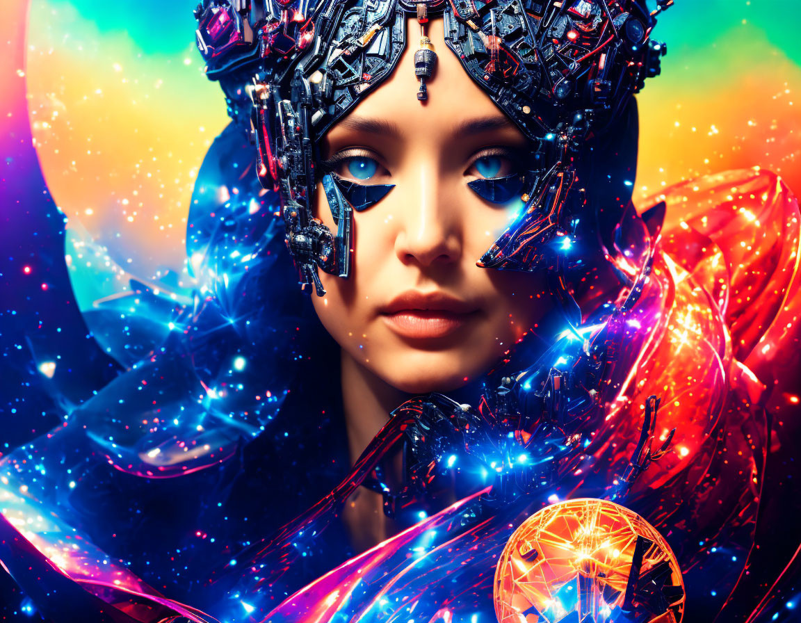 Blue-eyed person with futuristic headgear in cosmic background with orange and blue nebula.