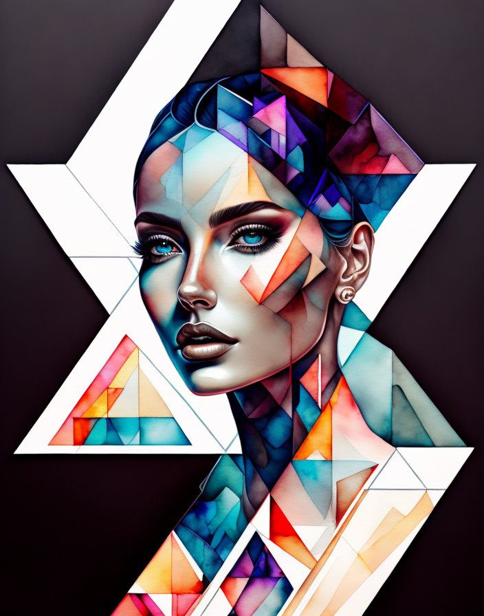 Colorful Geometric Patterns on Woman's Face Against Dark Background