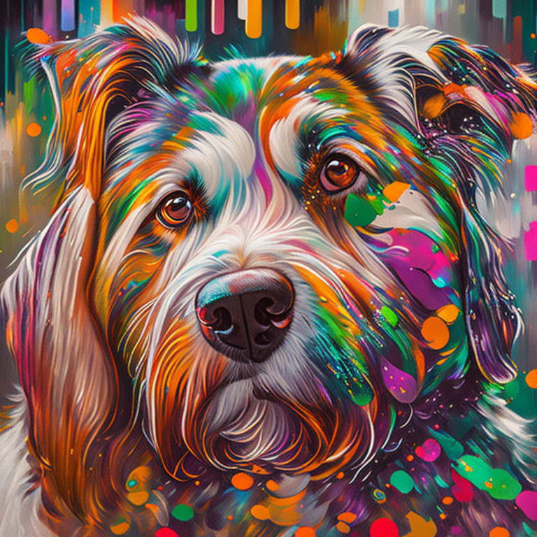 Vibrant abstract painting of a colorful dog