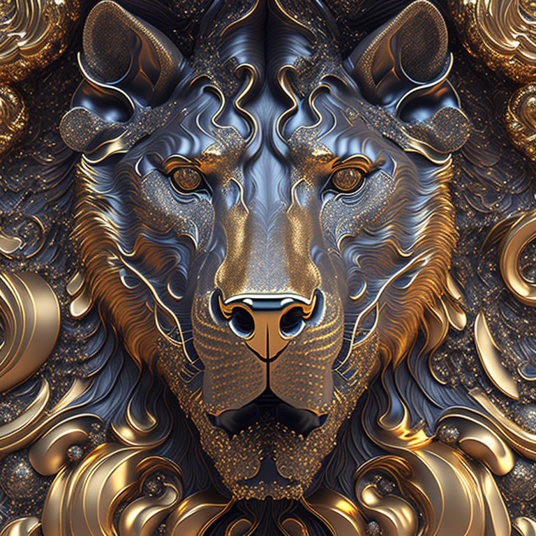 Symmetrical golden patterns on stylized lion's face