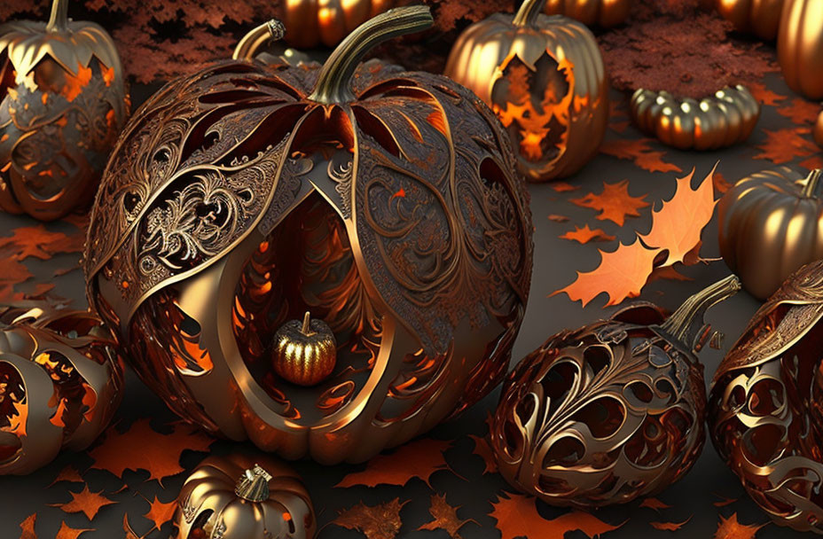 Intricate Metallic Pumpkins Among Autumn Leaves