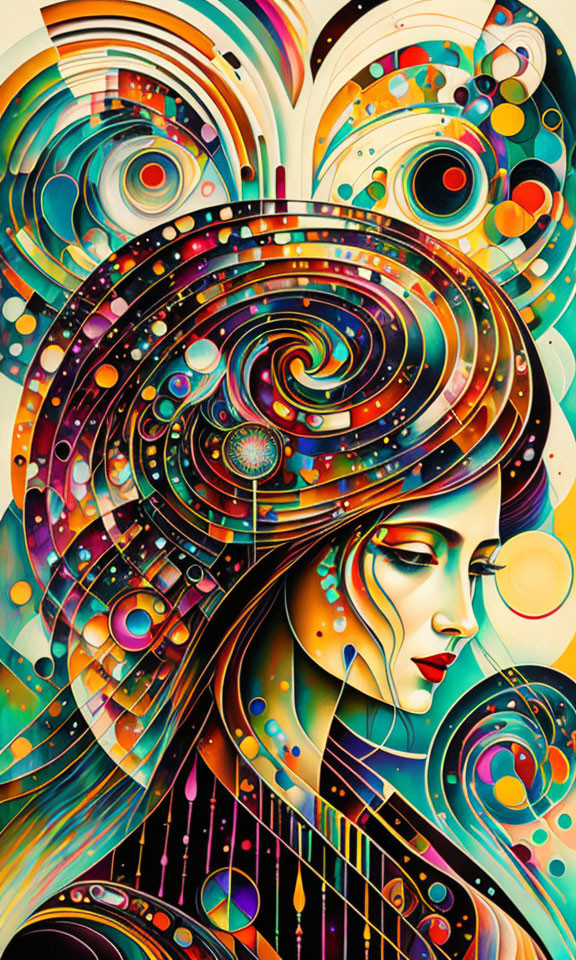 Colorful Abstract Digital Art: Woman with Flowing Hair in Psychedelic Patterns