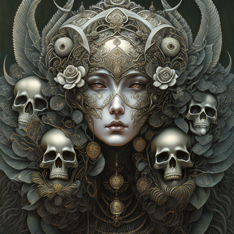 Detailed Artwork: Central Figure with Ornate Mask, Skulls, and Florals on Dark Background