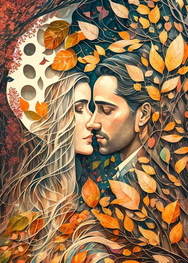 Colorful autumn leaves swirl around couple's profiles in romantic illustration