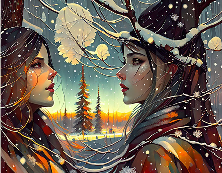 Winter-themed digital artwork: Two women's profiles merged with snowy forest backdrop.