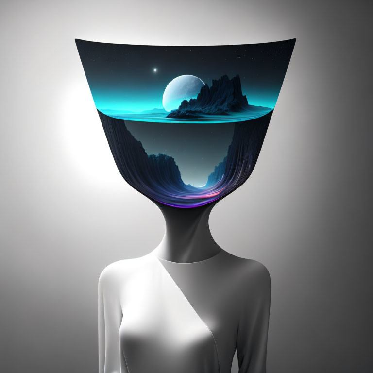 Person's head replaced by inverted glass with night landscape.