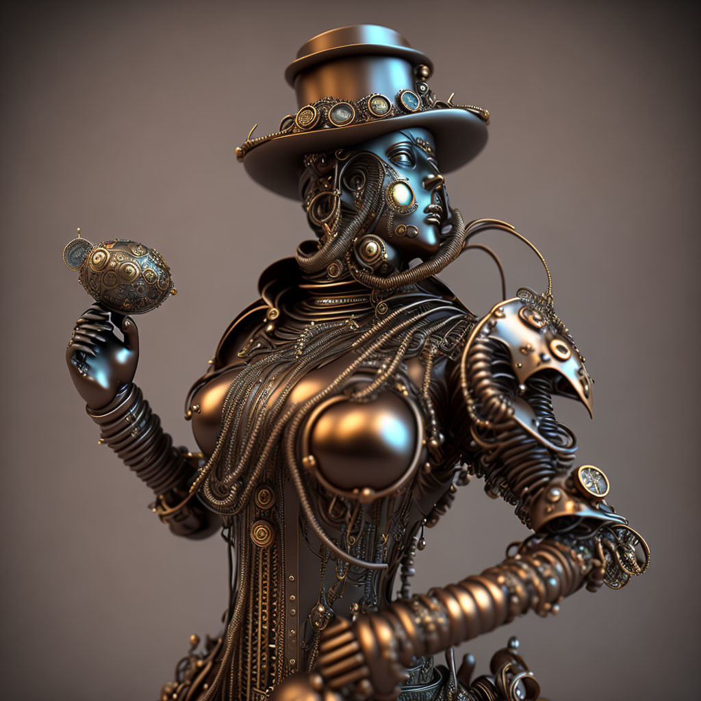 Detailed Steampunk Female Automaton with Gears and Top Hat