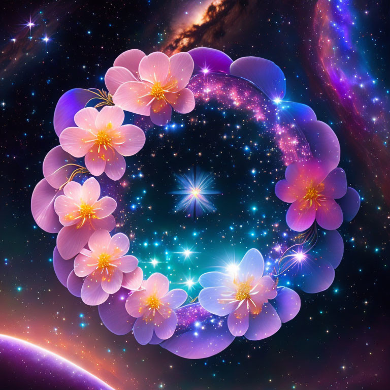 Cosmic background with pink blossoms and twinkling stars