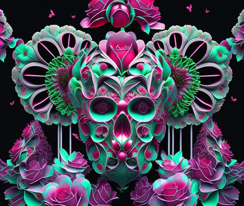 Symmetrical digital artwork: Neon pink and green colors, floral patterns, peacock feathers, butterfly motifs