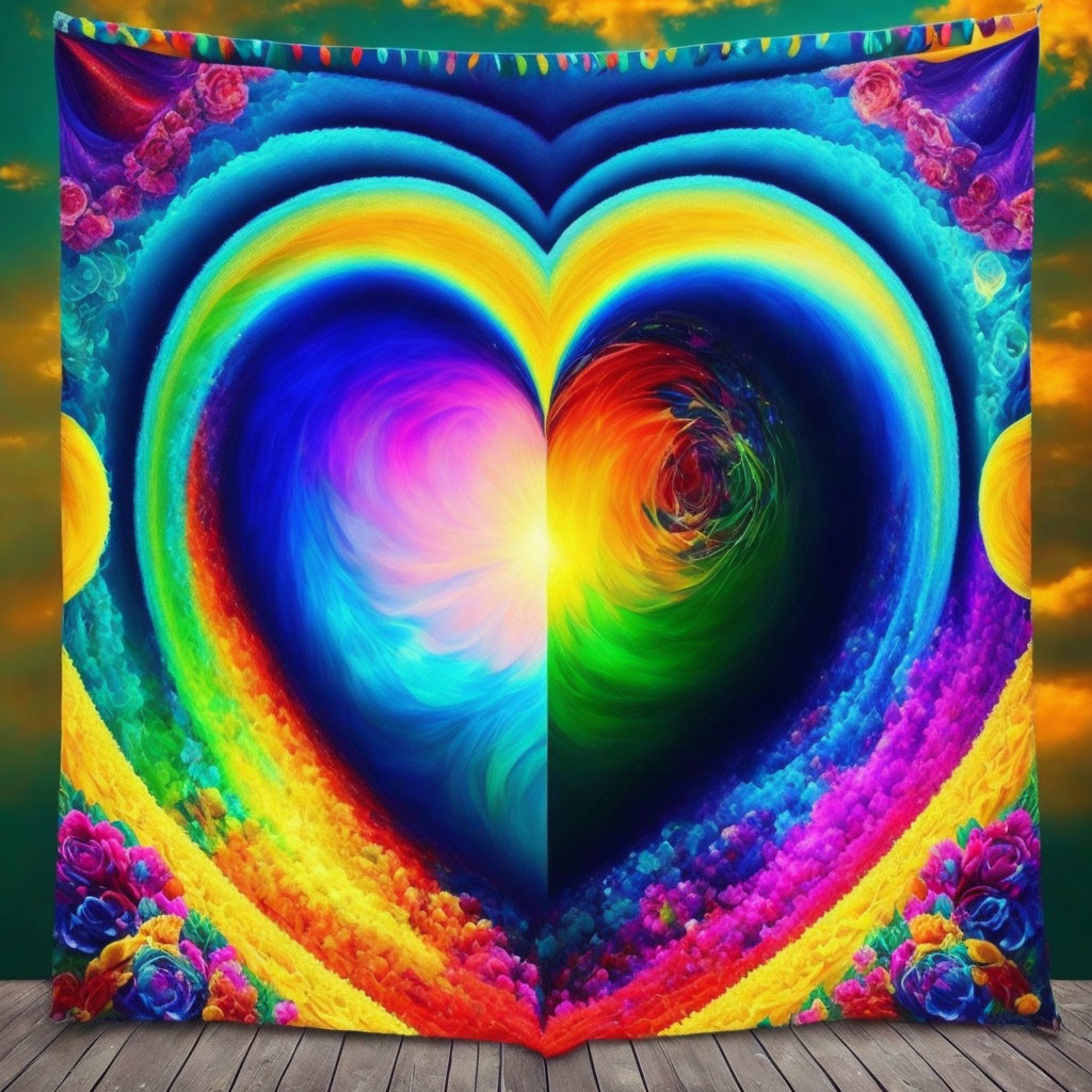 Colorful Heart-Shaped Rainbow Tapestry with Floral Details