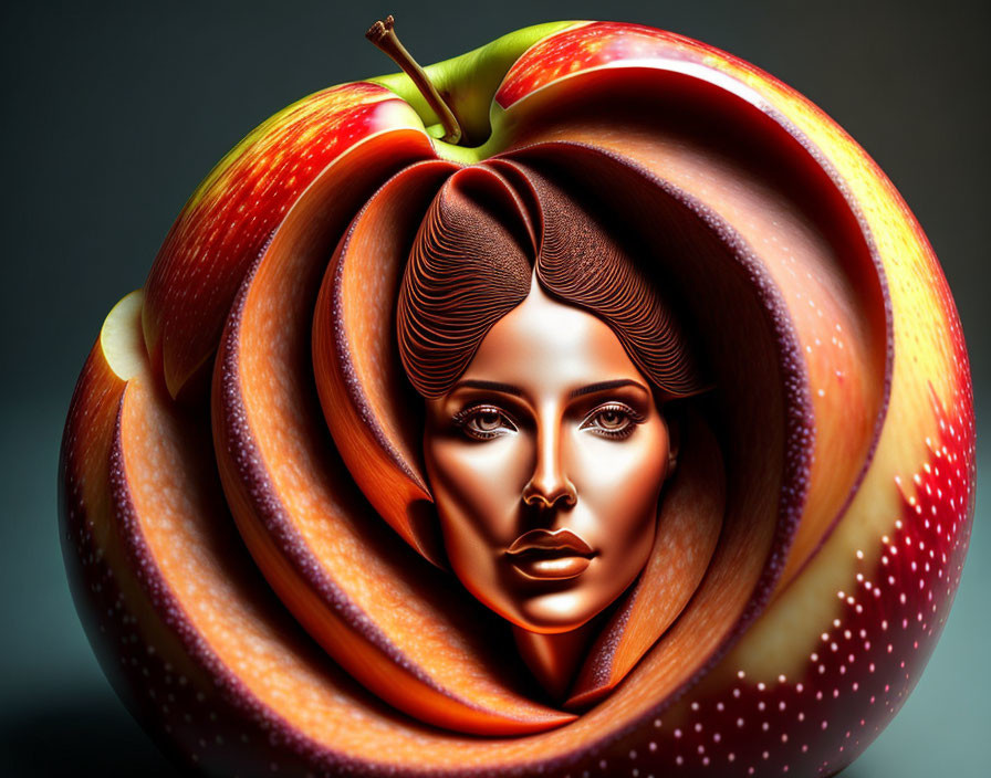 Surreal artistic representation blending woman's face with red apple layers