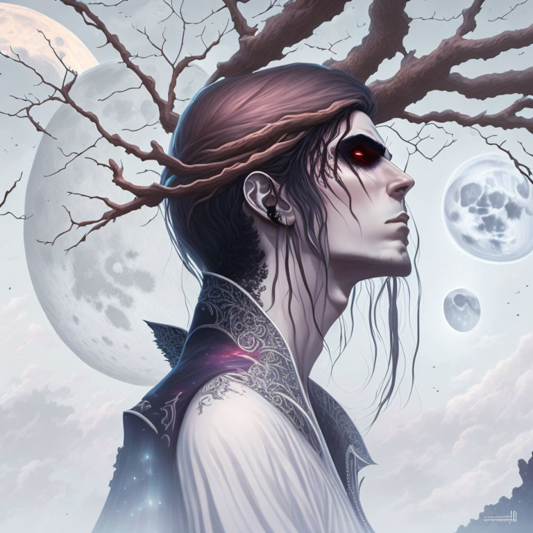 Illustration of person with glowing red eye, moons, and tree branches