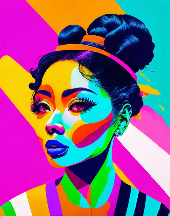 Colorful digital portrait of a woman with exaggerated makeup and geometric background