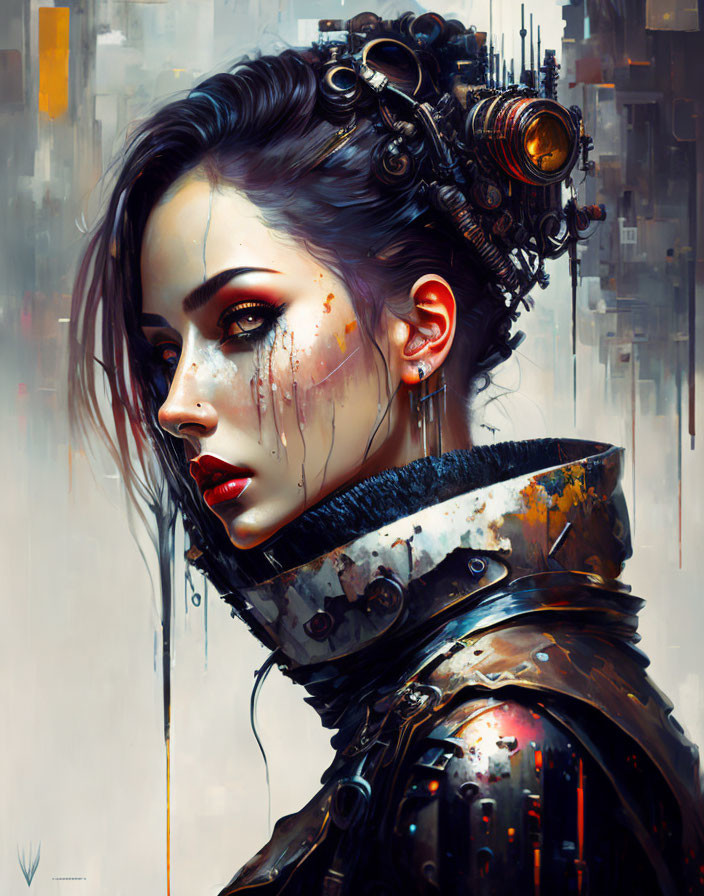 Futuristic cyberpunk digital painting of a woman with mechanical details against abstract city backdrop