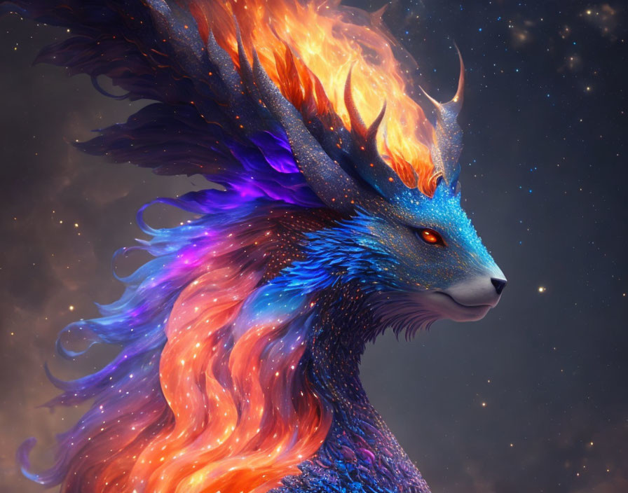 Majestic blue lion-faced creature with fiery mane on starry night sky