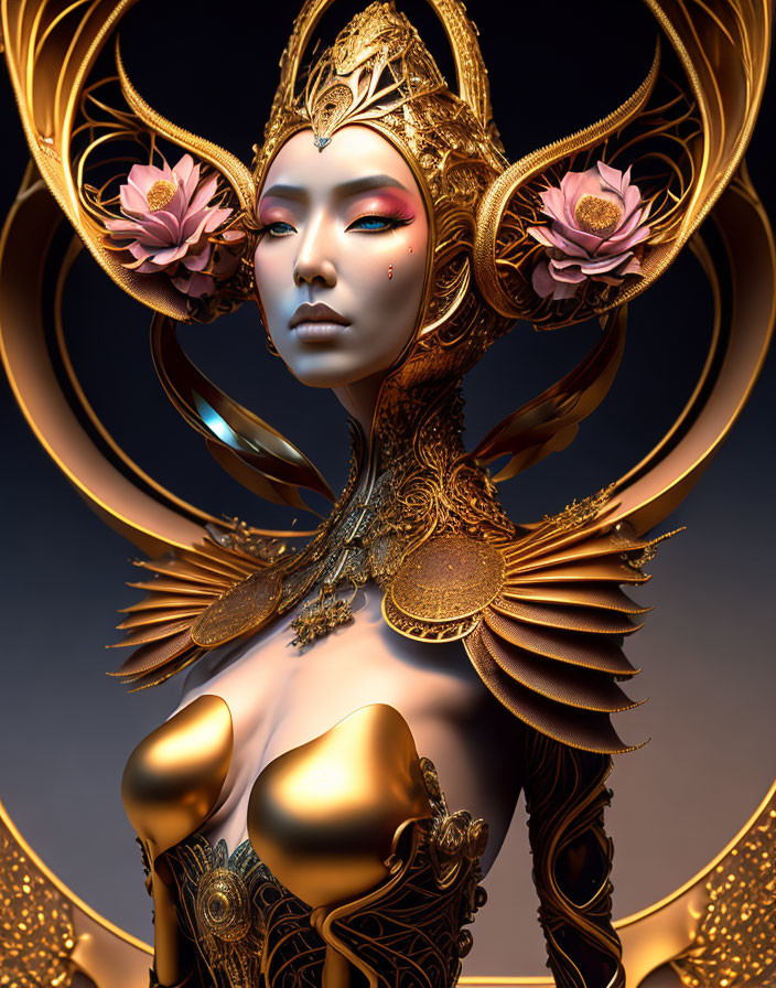 CG illustration: Woman in gold headdress, makeup, lotus armor, dark backdrop