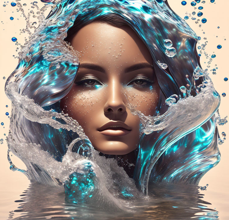 Digital portrait of woman with water and bubbles on light background