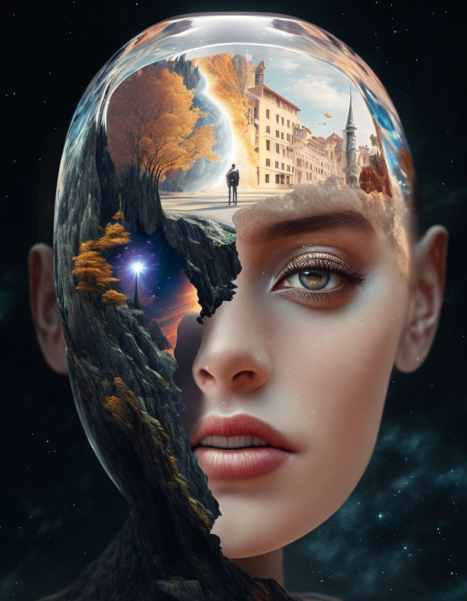 Surreal portrait blending woman's face with landscapes and space