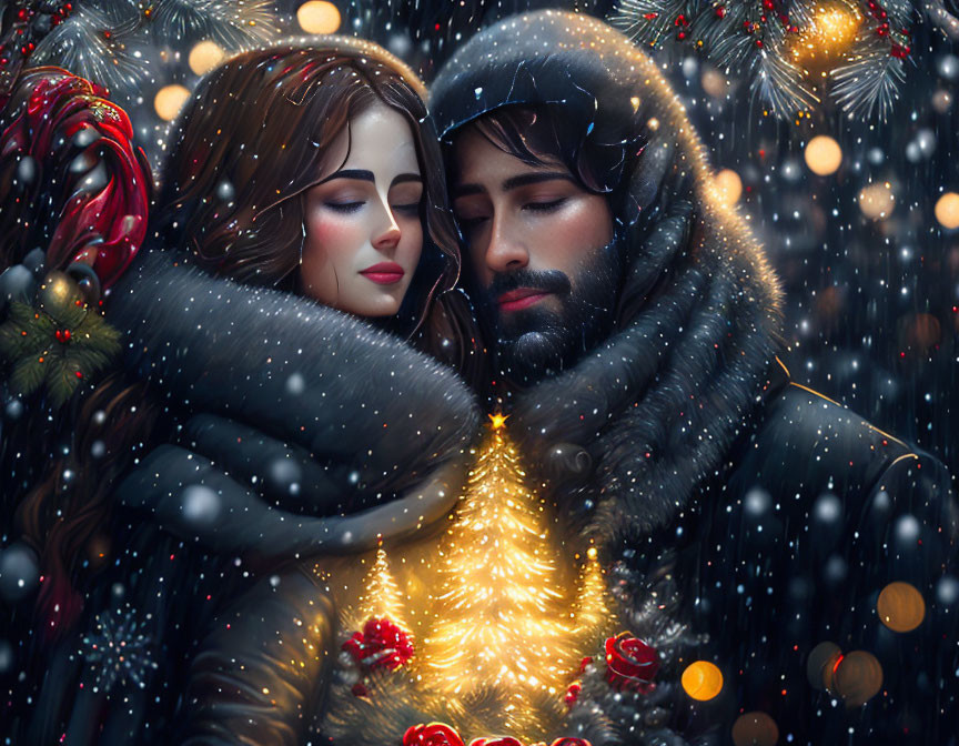 Illustrated couple embracing in snowy Christmas scene