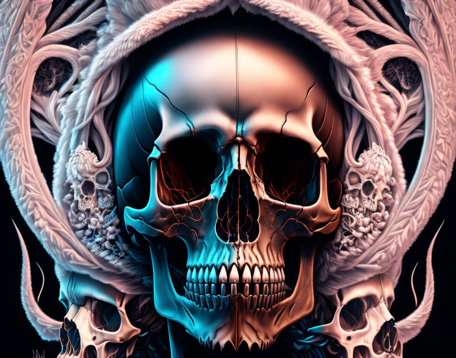 Detailed digital artwork: central blue-hued skull surrounded by intricate designs and smaller skulls in symmetrical layout