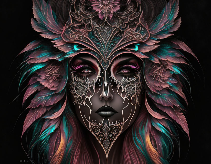 Detailed illustration of woman with feathered headdress, ornate face paint, colorful accents on dark background