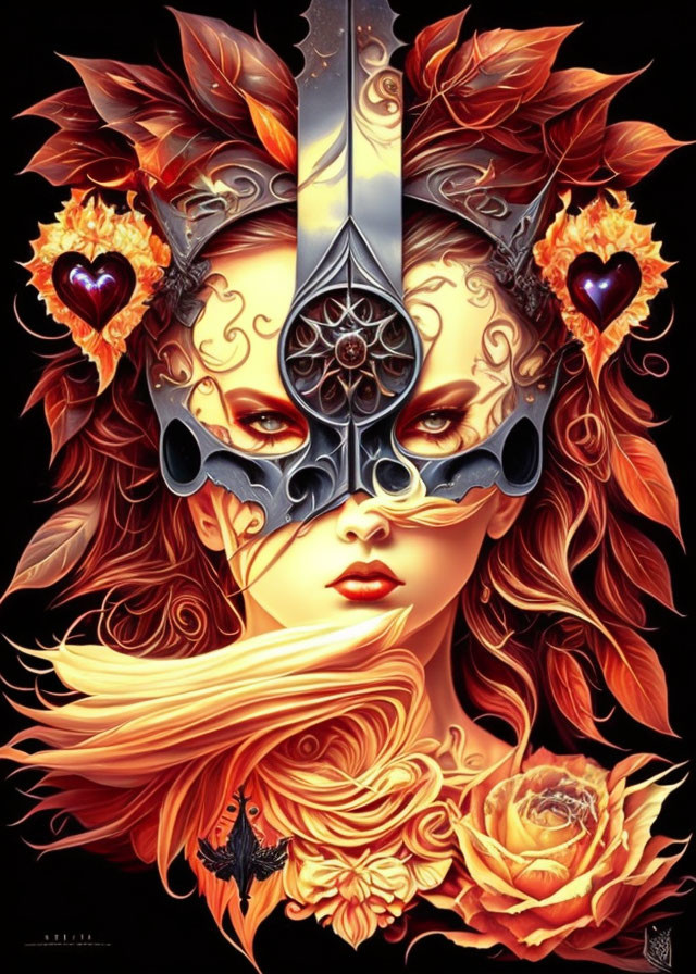 Fantasy illustration of woman with carnival mask, orange hair, jewelry, and floral motifs