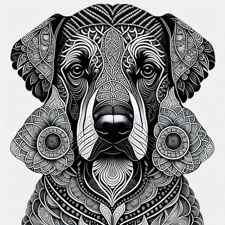 Detailed Black and White Dog Illustration with Mandala Designs