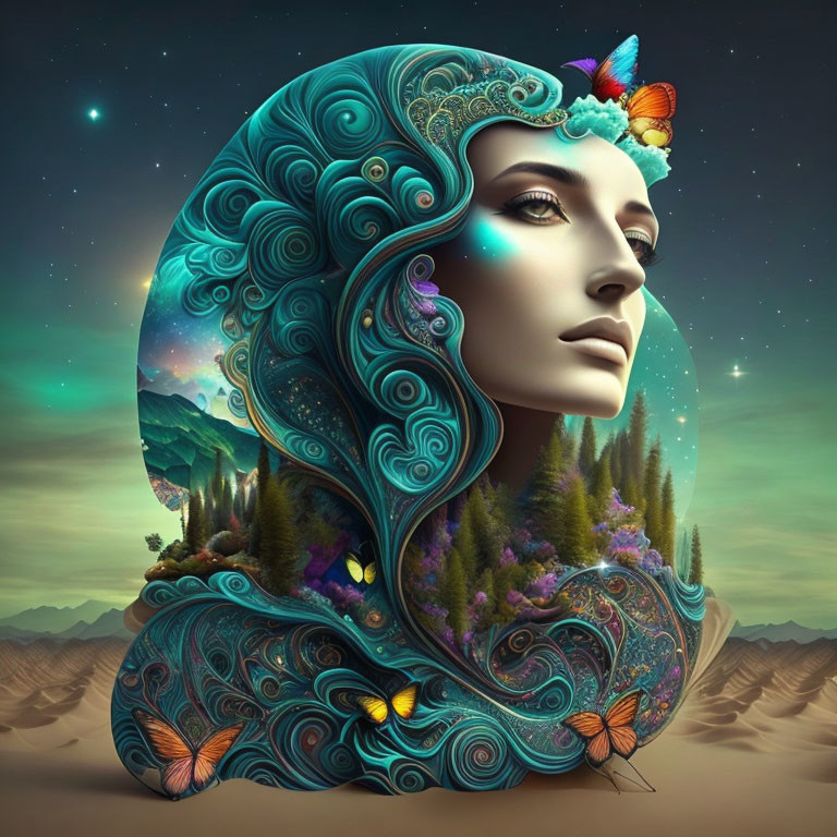 Woman's profile with hair as landscape & butterflies