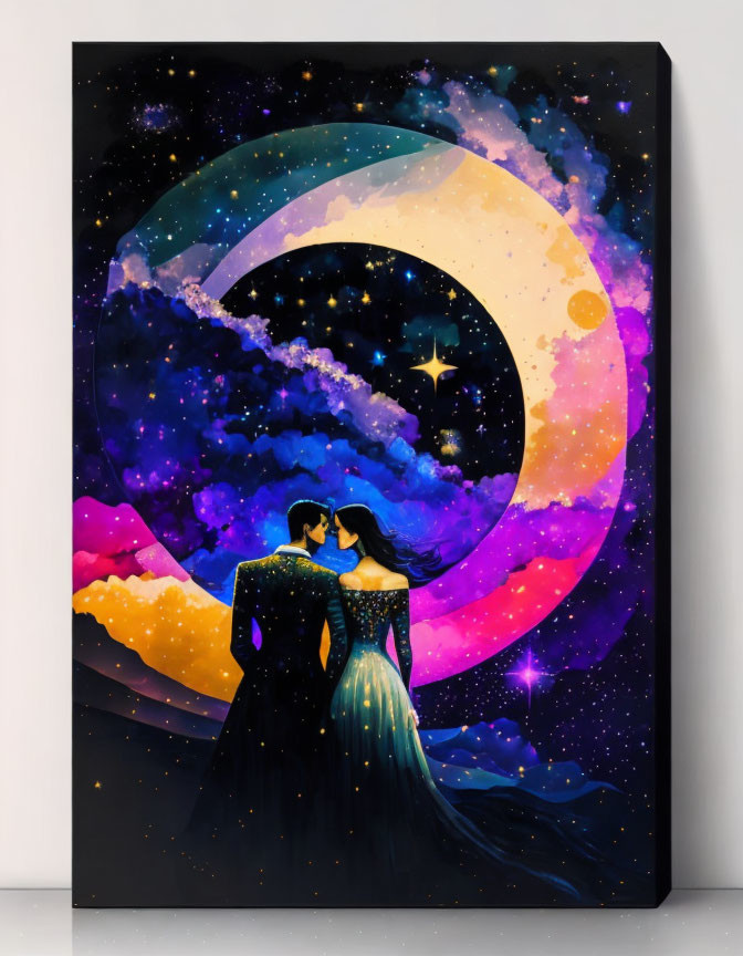 Romantic couple embracing under cosmic sky with crescent moon and vibrant nebula swirls