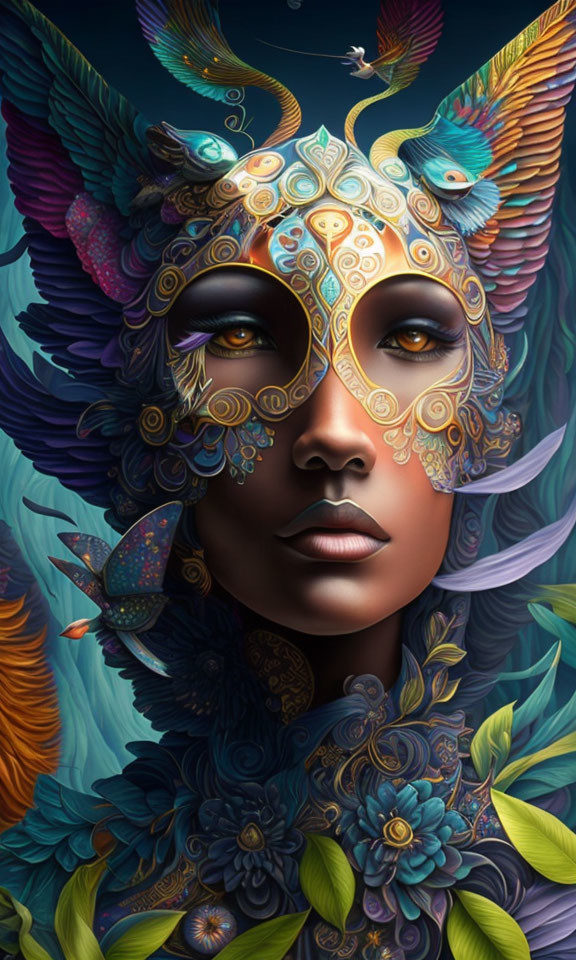 Digital Artwork: Woman with Bird Mask Surrounded by Feathers & Butterflies