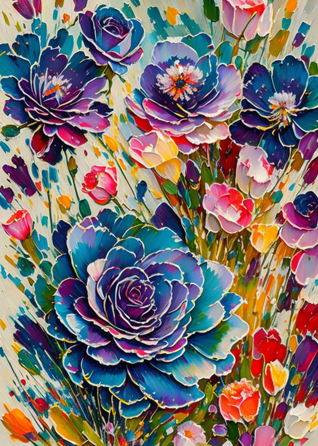 Colorful Stylized Flower Painting in Vibrant Blues, Purples, Pink, and Yellow