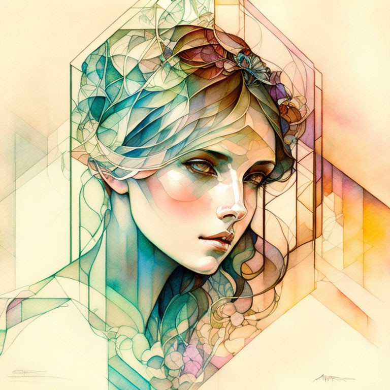 Stylized woman with headband on colorful geometric backdrop