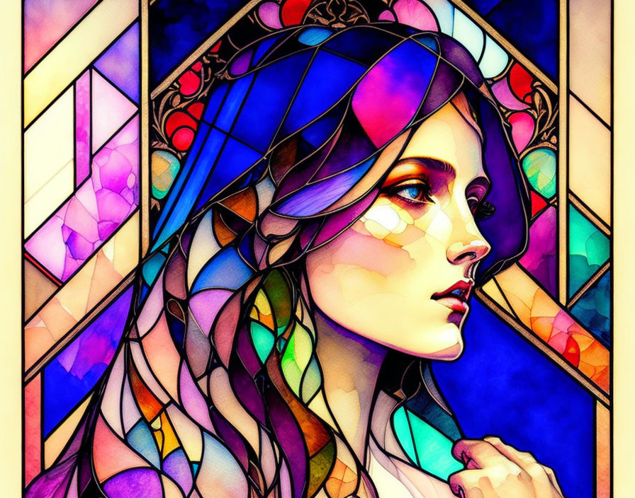 Colorful Stained Glass Style Portrait of a Contemplative Woman