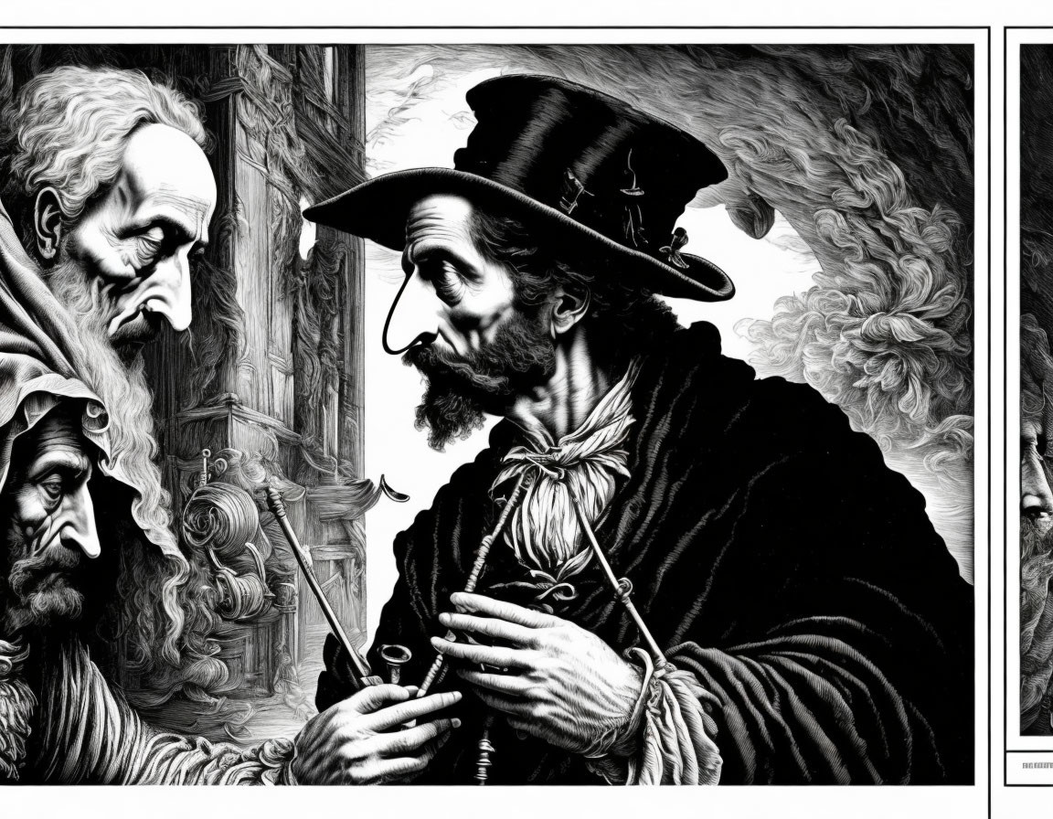 Monochromatic figures resembling historical or literary characters with man in plumed hat holding pipe