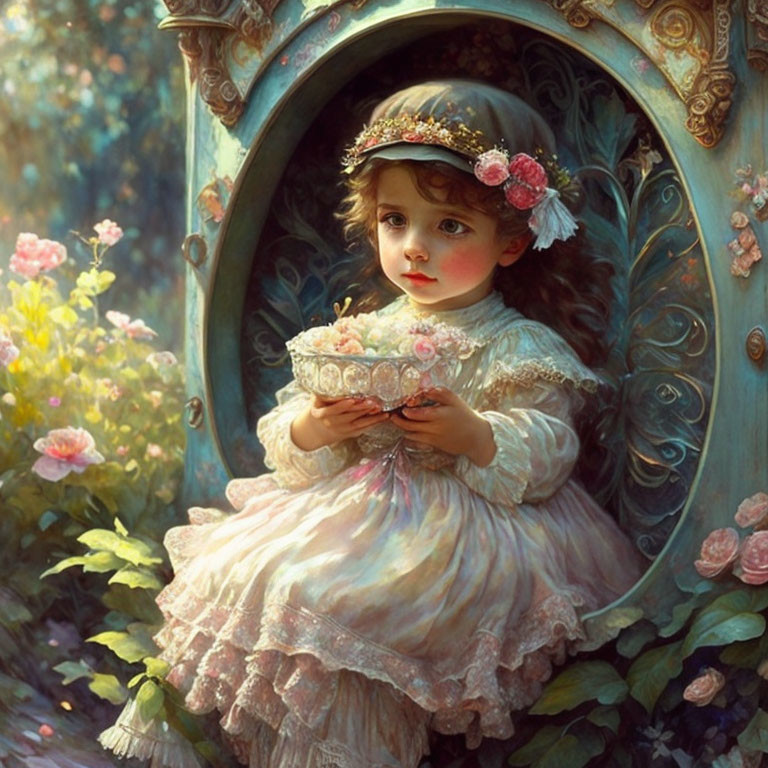 Young girl in vintage dress with bowl in ornate mirror frame in blossoming garden