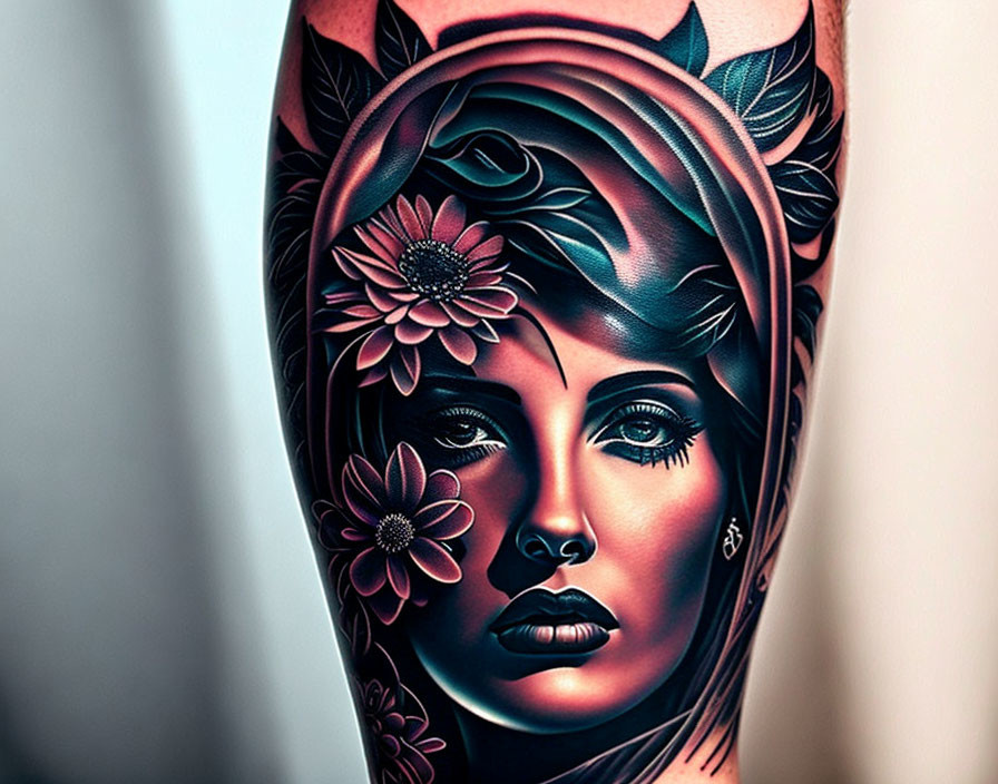 Vibrant woman's face tattoo with floral elements on arm.