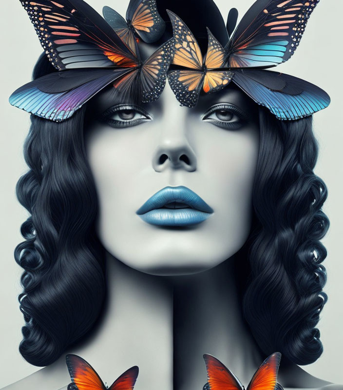 Surreal portrait: Woman with blue lipstick and butterfly hair artistry