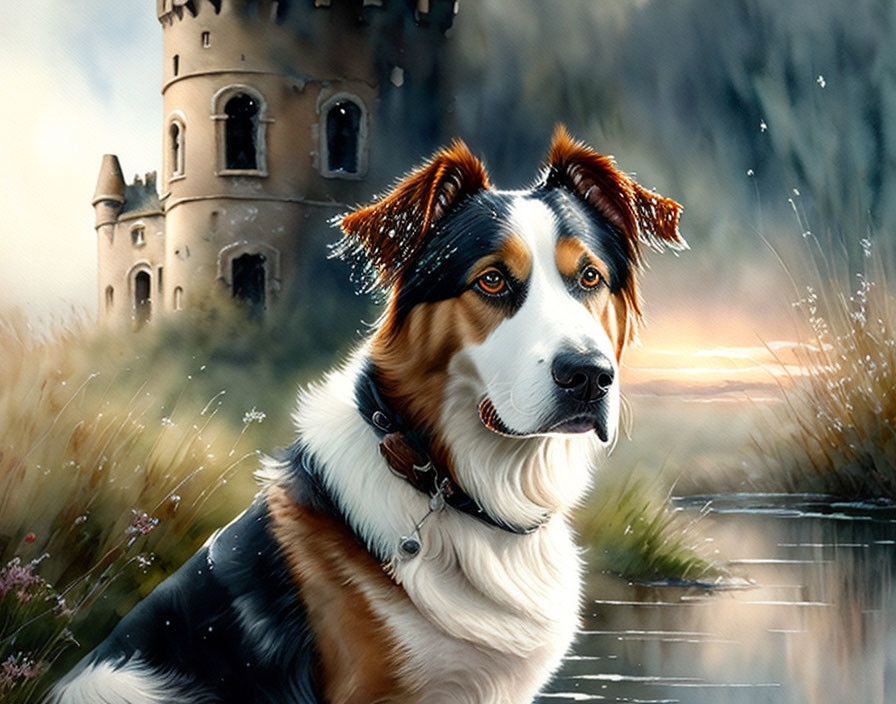 Tricolor dog with keen gaze in front of foggy tower backdrop