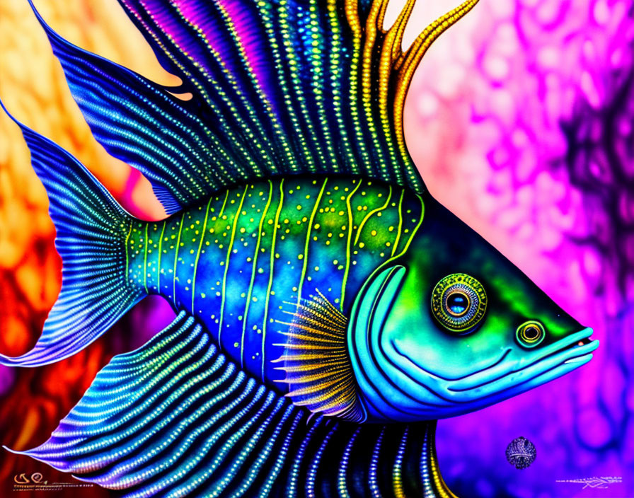 Colorful Psychedelic Fish Illustration on Multi-Colored Background