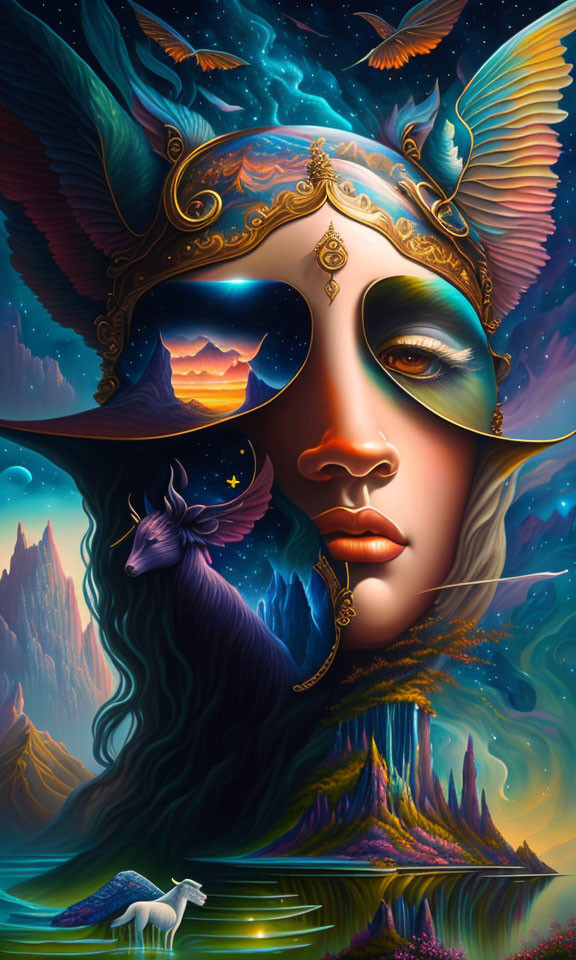 Vibrant digital artwork: Woman with third eye mask, fantasy landscapes, wolf, unicorn